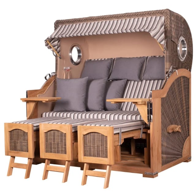 bene,iving Strandkorb Komplettset Ammersee Grande XXL Teak Bullauge PE grau Modell 545