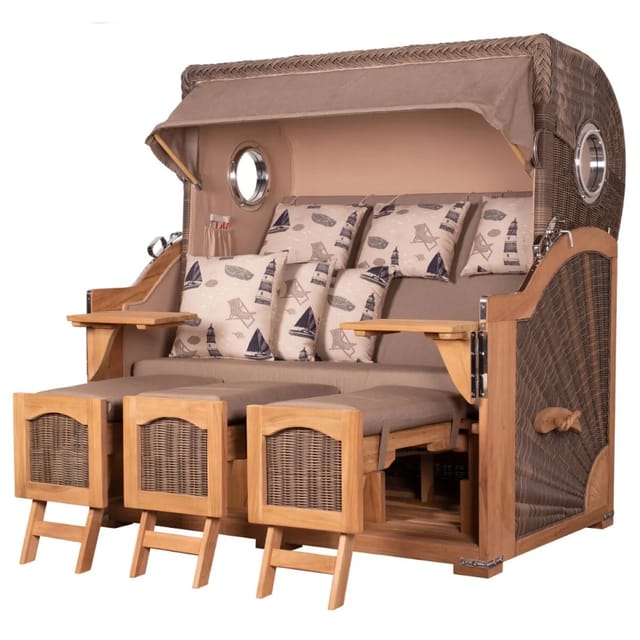 bene,iving Strandkorb Komplettset Ammersee Grande XXL Teak Bullauge PE grau Modell 540