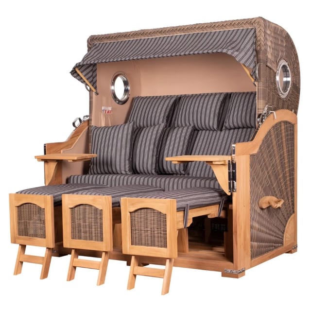 bene,iving Strandkorb Komplettset Ammersee Grande XXL Teak Bullauge PE grau Modell 500