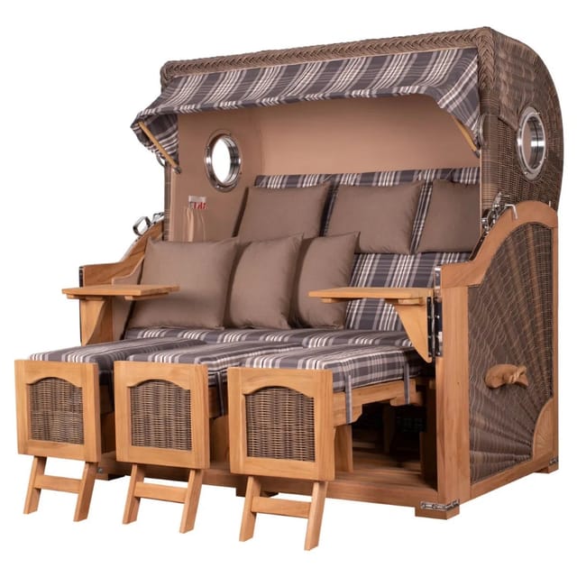 bene,iving Strandkorb Komplettset Ammersee Grande XXL Teak Bullauge PE grau Modell 522