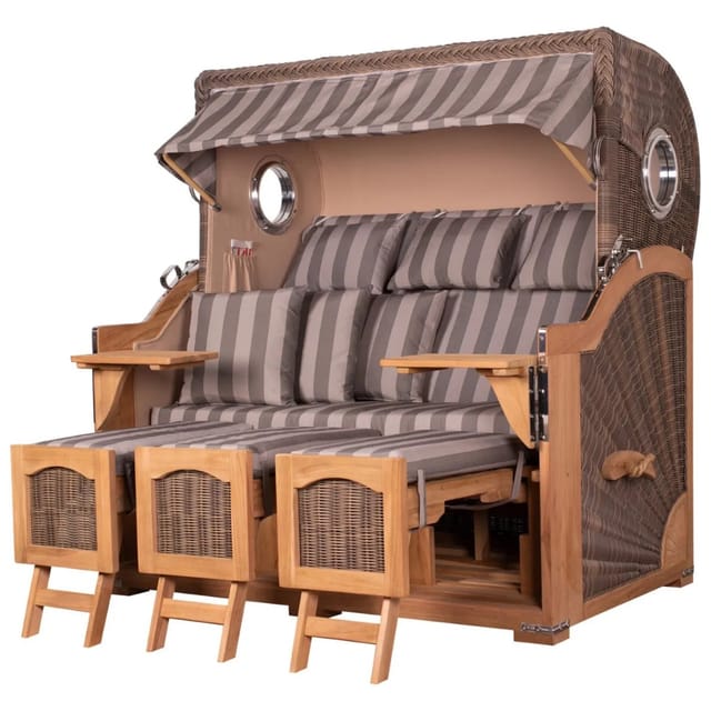 bene,iving Strandkorb Komplettset Ammersee Grande XXL Teak Bullauge PE grau Modell 537