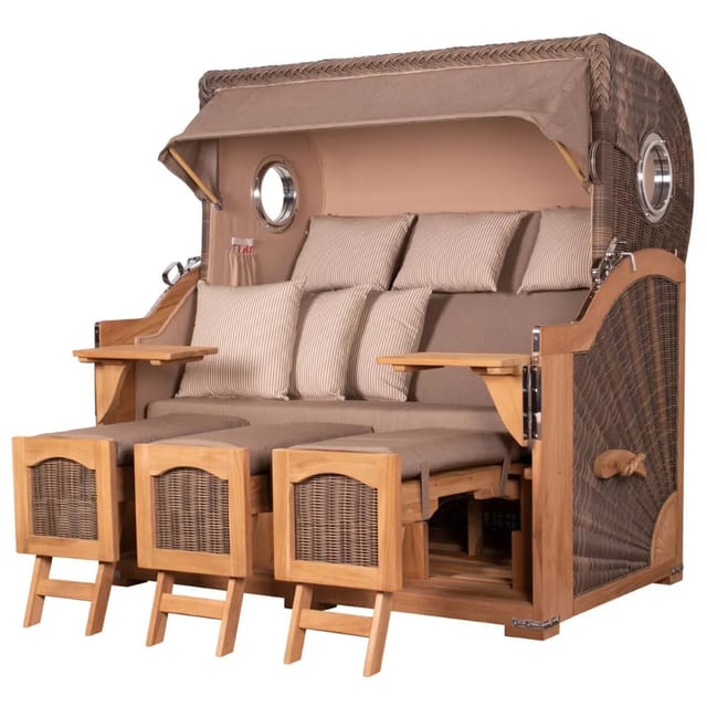 bene,iving Strandkorb Komplettset Ammersee Grande XXL Teak Bullauge PE grau Modell 534