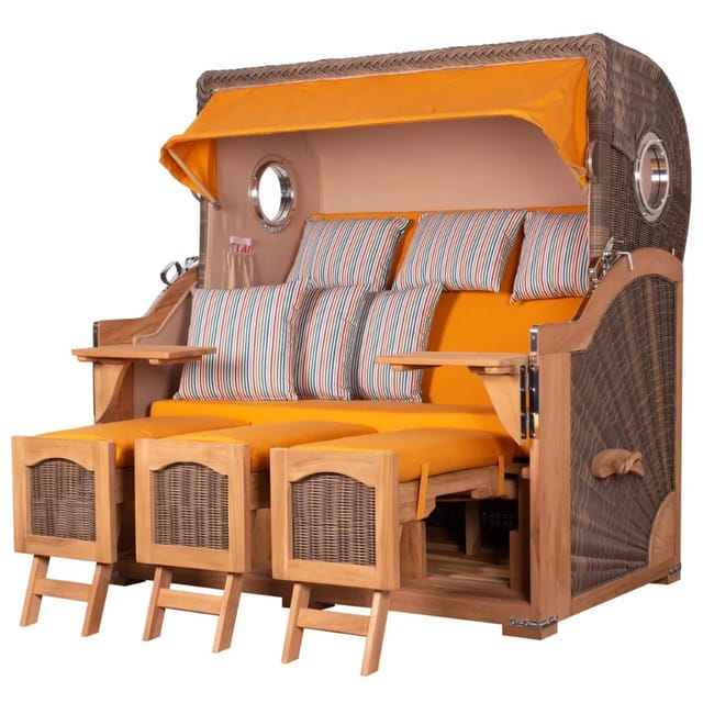 bene,iving Strandkorb Komplettset Ammersee Grande XXL Teak Bullauge PE grau Modell 586