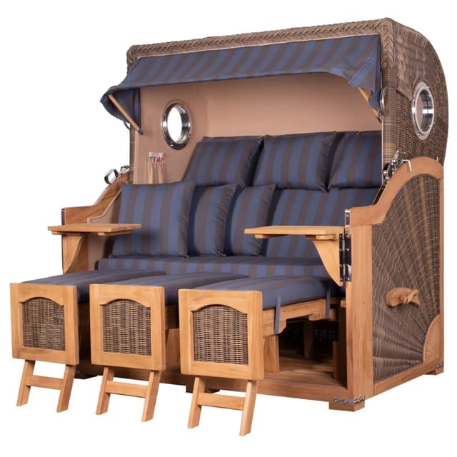 bene,iving Strandkorb Komplettset Ammersee Grande XXL Teak Bullauge PE grau Modell 582
