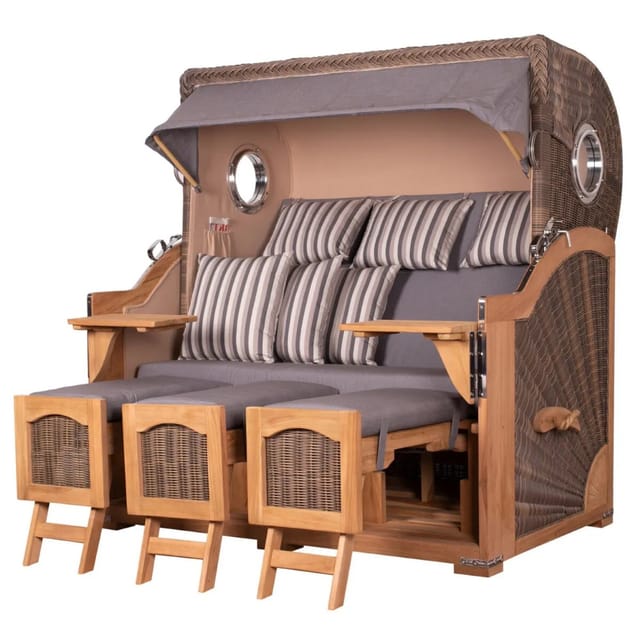 bene,iving Strandkorb Komplettset Ammersee Grande XXL Teak Bullauge PE grau Modell 544