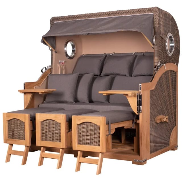 bene,iving Strandkorb Komplettset Ammersee Grande XXL Teak Bullauge PE grau Modell 551