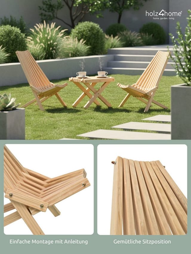 holz4home Skandinavische Gartenmöbel aus Kiefer Set 2 Liegestühlel 1 Tisch