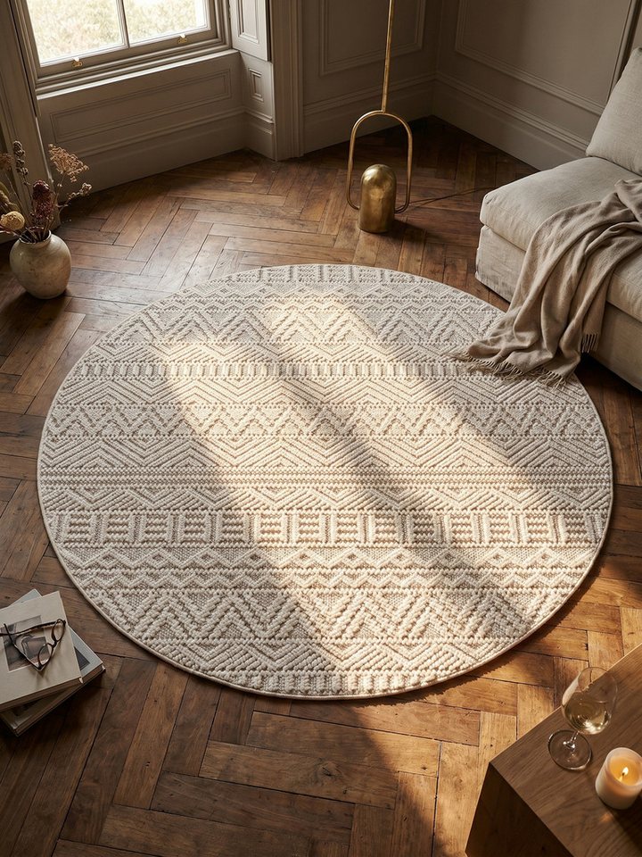 KADIMA DESIGN Kinderteppich LANGAU Flachgewebe Ethno Streifen Boho Wohnzimmer Pflegeleicht, Rund, Höhe: 7 mm, Creme, 80x80 cm, Saugroboter OEKO-TEX Fußbodenheizung Strapazierfähig