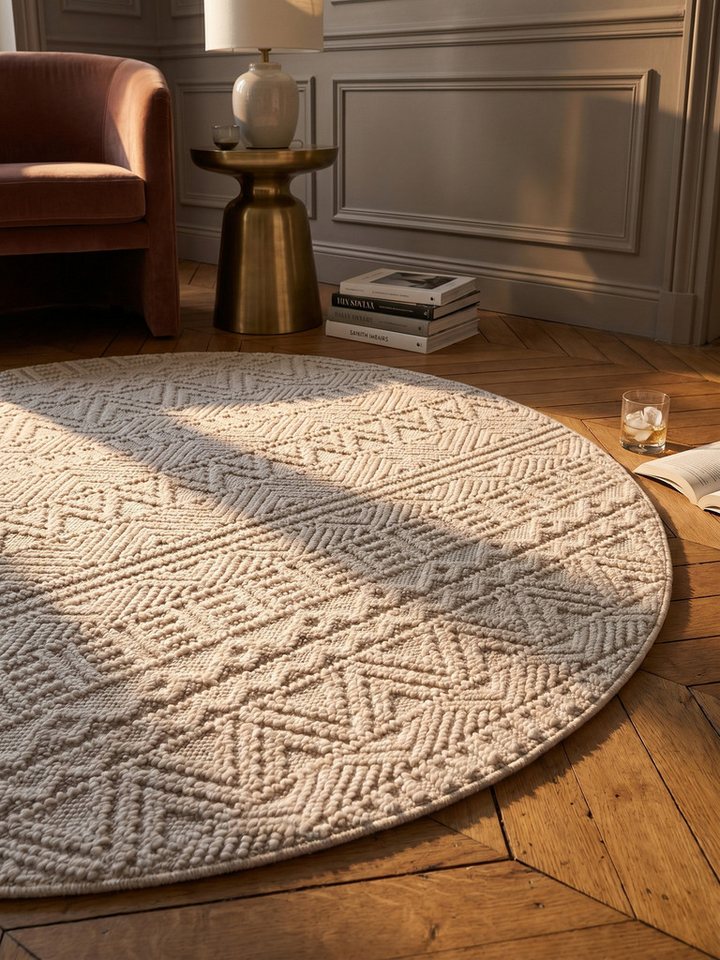 KADIMA DESIGN Kinderteppich LANGAU Flachgewebe Ethno Streifen Boho Wohnzimmer Pflegeleicht, Rund, Höhe: 7 mm, Creme, 80x80 cm, Saugroboter OEKO-TEX Fußbodenheizung Strapazierfähig Bild 4