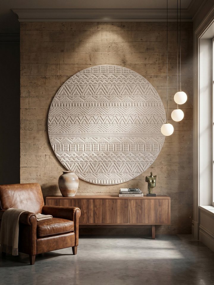 KADIMA DESIGN Kinderteppich LANGAU Flachgewebe Ethno Streifen Boho Wohnzimmer Pflegeleicht, Rund, Höhe: 7 mm, Creme, 80x80 cm, Saugroboter OEKO-TEX Fußbodenheizung Strapazierfähig Bild 5
