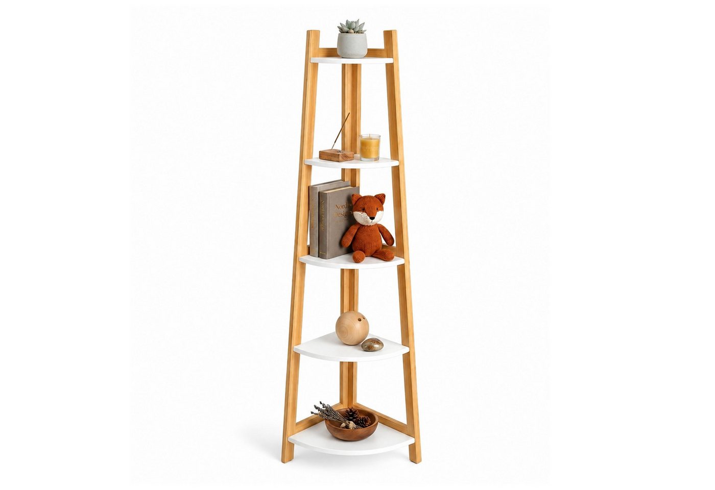 HOOZ Stufenregal Bambus Standregal – modernes Eckregal 5 Böden natur/weiß 155 x 37 cm, Einzelartikel / Standregal, Nachhaltiges Leiterregal aus FSC Bambus im modernen Design