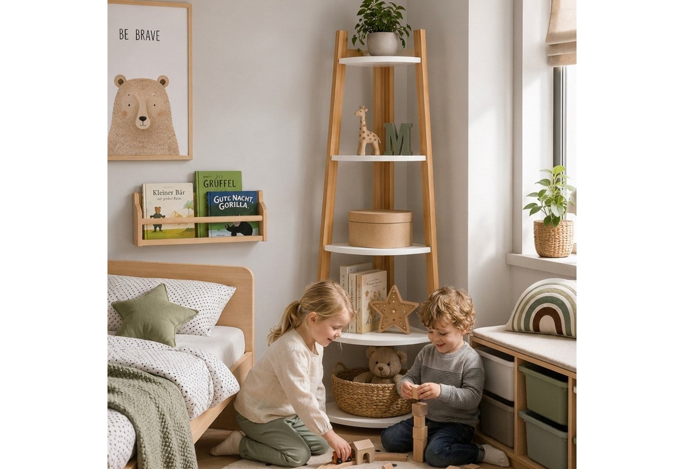 HOOZ Stufenregal Bambus Standregal – modernes Eckregal 5 Böden natur/weiß 155 x 37 cm, Einzelartikel / Standregal, Nachhaltiges Leiterregal aus FSC Bambus im modernen Design Bild 3