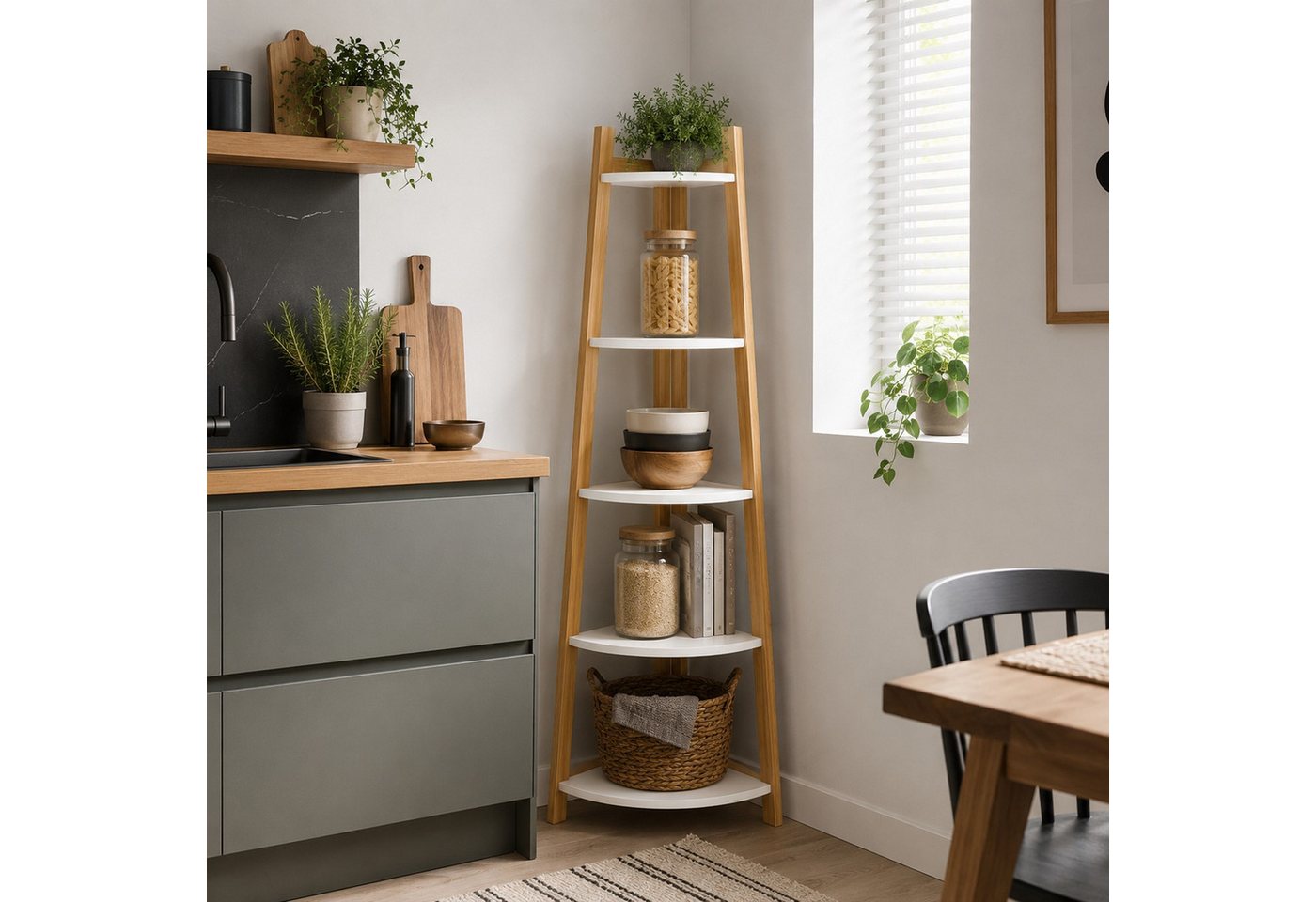 HOOZ Stufenregal Bambus Standregal – modernes Eckregal 5 Böden natur/weiß 155 x 37 cm, Einzelartikel / Standregal, Nachhaltiges Leiterregal aus FSC Bambus im modernen Design Bild 4