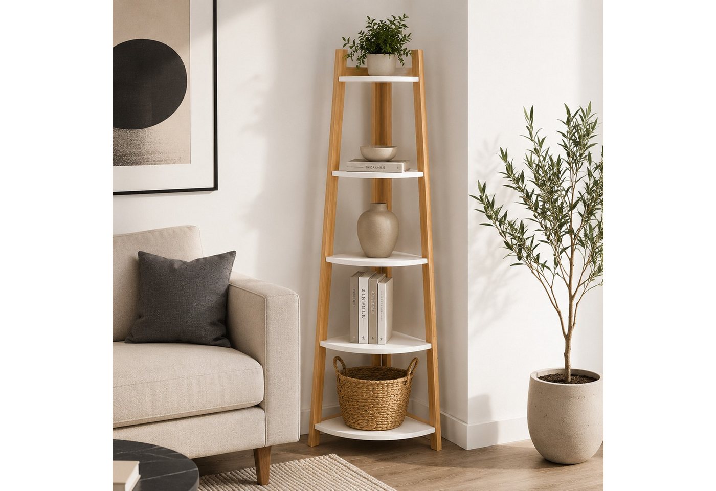 HOOZ Stufenregal Bambus Standregal – modernes Eckregal 5 Böden natur/weiß 155 x 37 cm, Einzelartikel / Standregal, Nachhaltiges Leiterregal aus FSC Bambus im modernen Design Bild 5