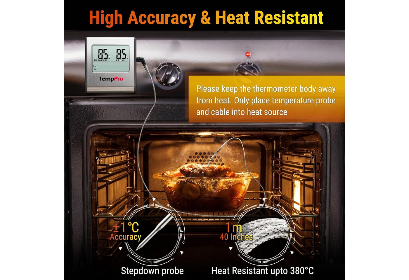 ThermoPro Grillthermometer TP16, Grillthermometer mit Sonde, Timer, Alarm, bis 300 °C, LCD