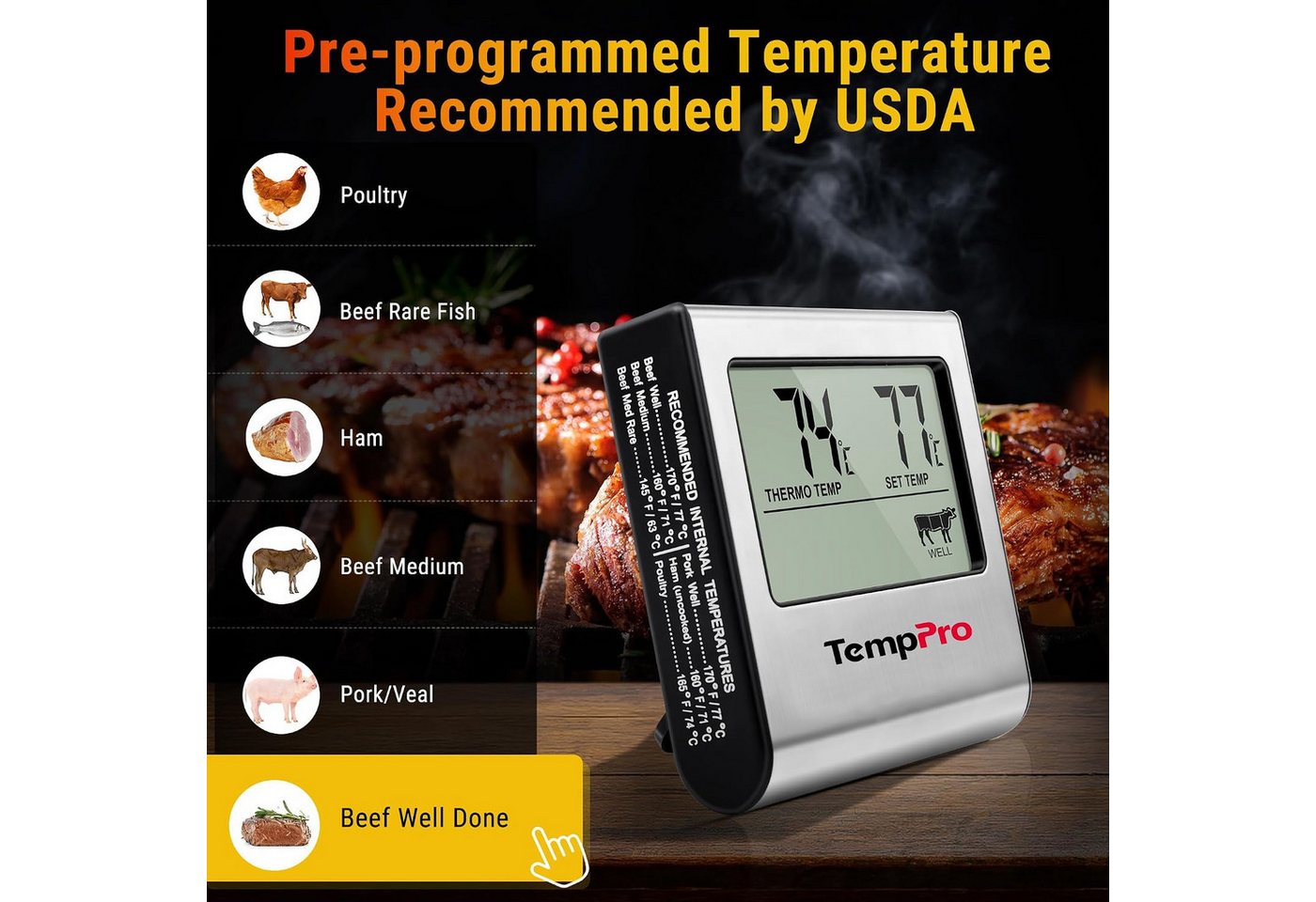 ThermoPro Grillthermometer TP16, Grillthermometer mit Sonde, Timer, Alarm, bis 300 °C, LCD Bild 2