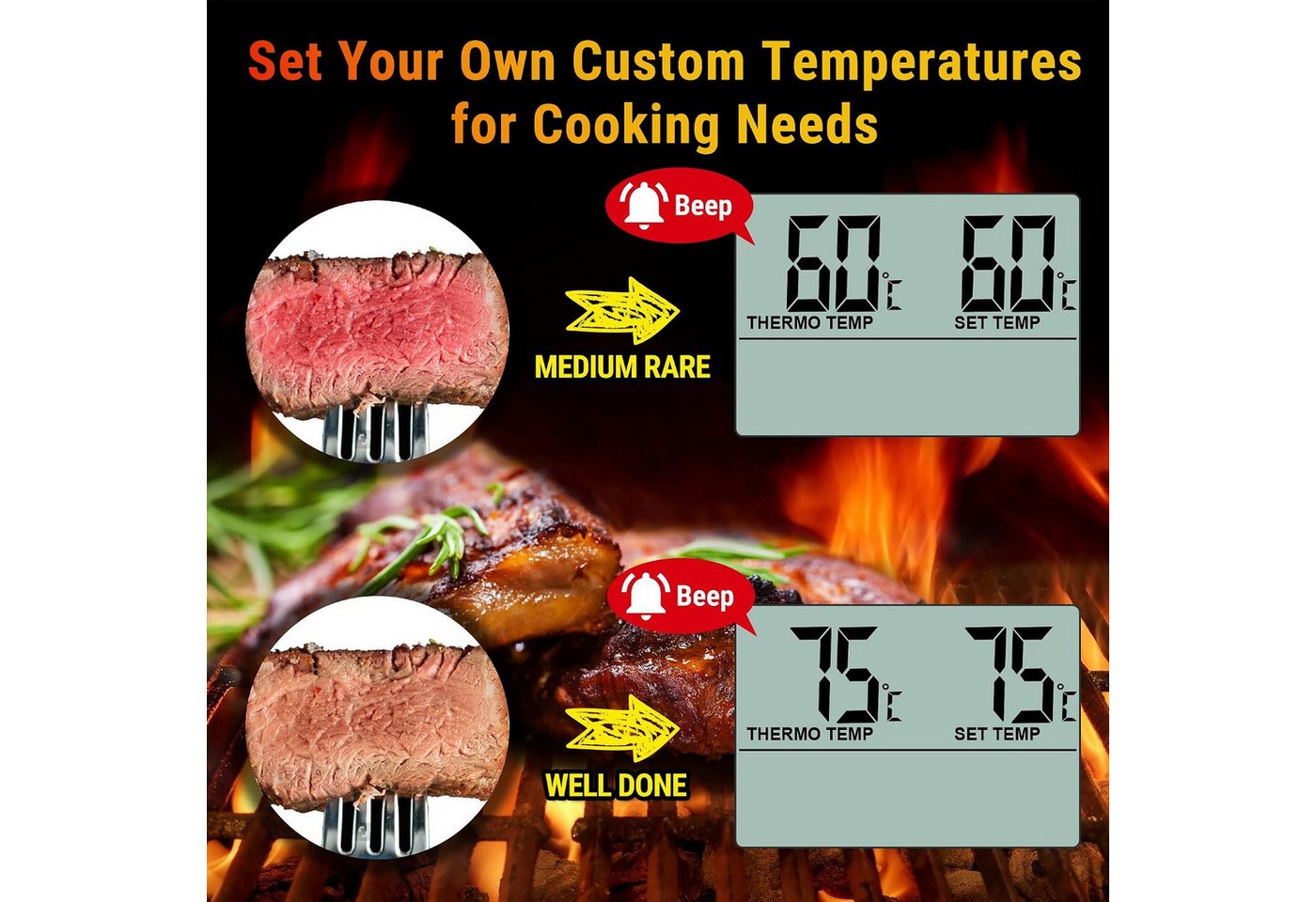 ThermoPro Grillthermometer TP16, Grillthermometer mit Sonde, Timer, Alarm, bis 300 °C, LCD Bild 3