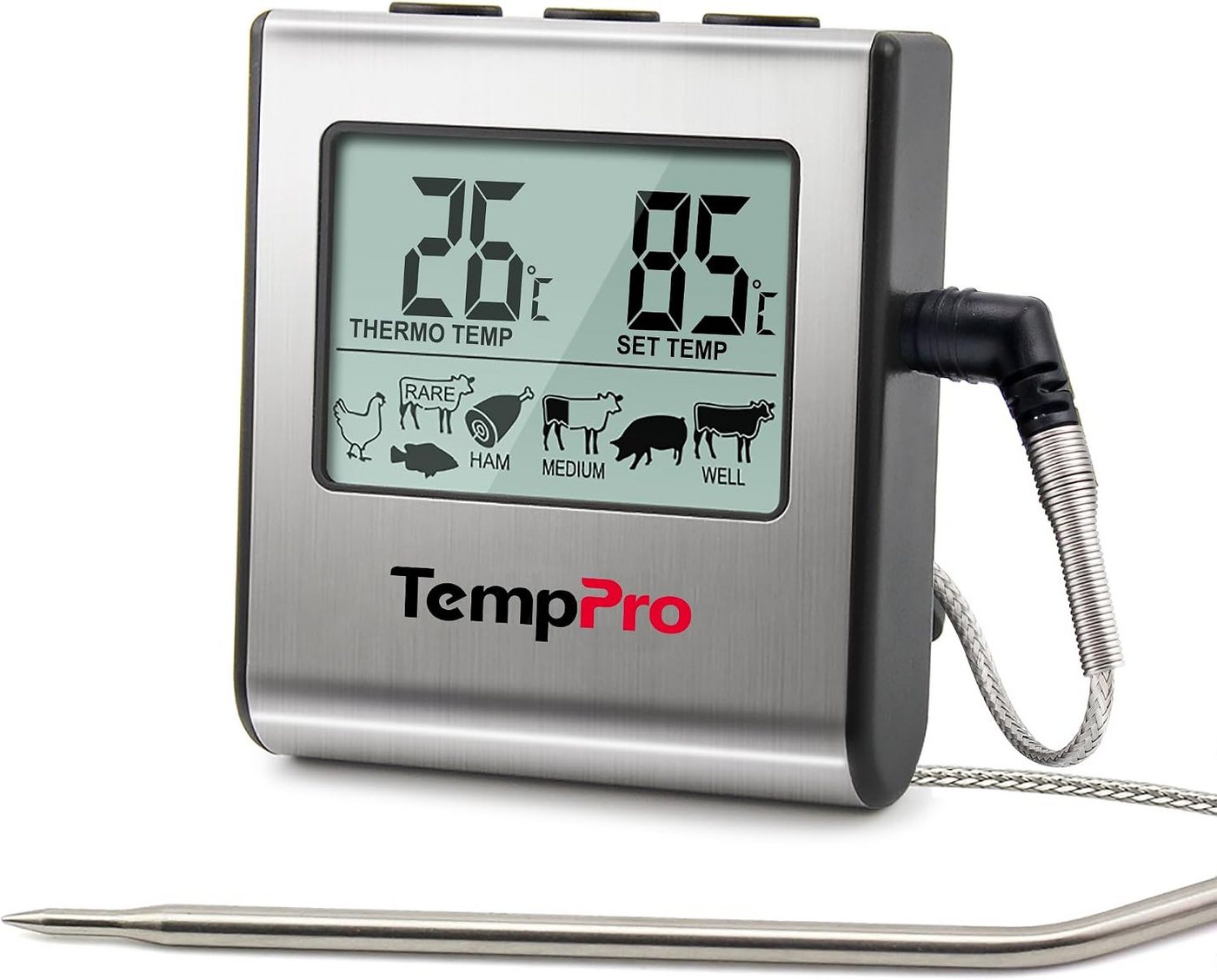 ThermoPro Grillthermometer TP16, Grillthermometer mit Sonde, Timer, Alarm, bis 300 °C, LCD Bild 4