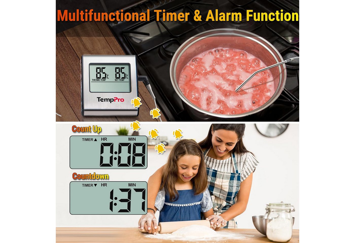 ThermoPro Grillthermometer TP16, Grillthermometer mit Sonde, Timer, Alarm, bis 300 °C, LCD Bild 5