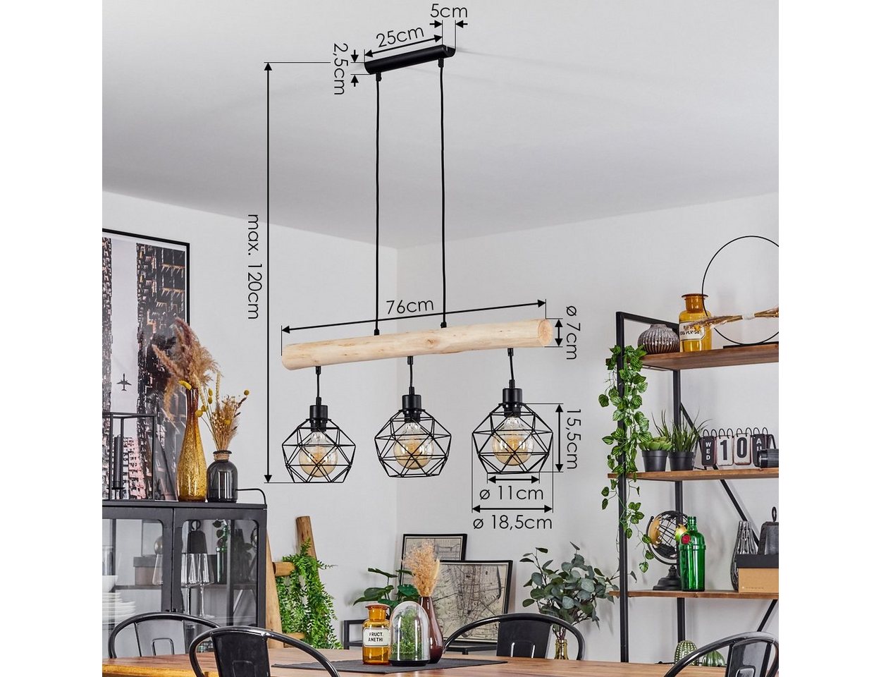 hofstein Pendelleuchte »Torano« Hängelampe aus Metall/Holz in Schwarz/Natur, ohne Leuchtmittel, 3xE27, höhenverstellbare in Gitter-Optik