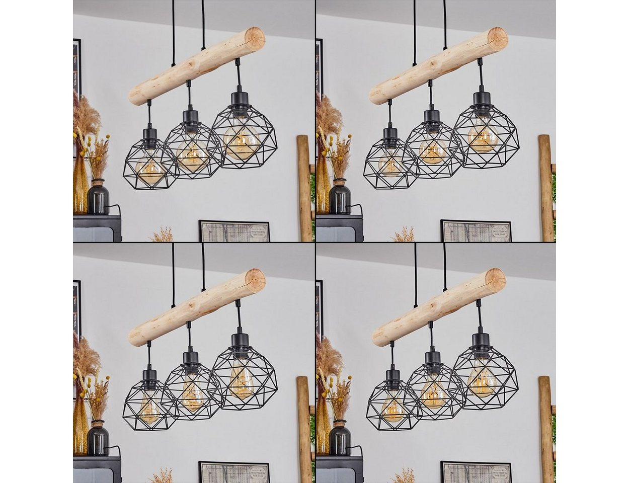 hofstein Pendelleuchte »Torano« Hängelampe aus Metall/Holz in Schwarz/Natur, ohne Leuchtmittel, 3xE27, höhenverstellbare in Gitter-Optik Bild 3