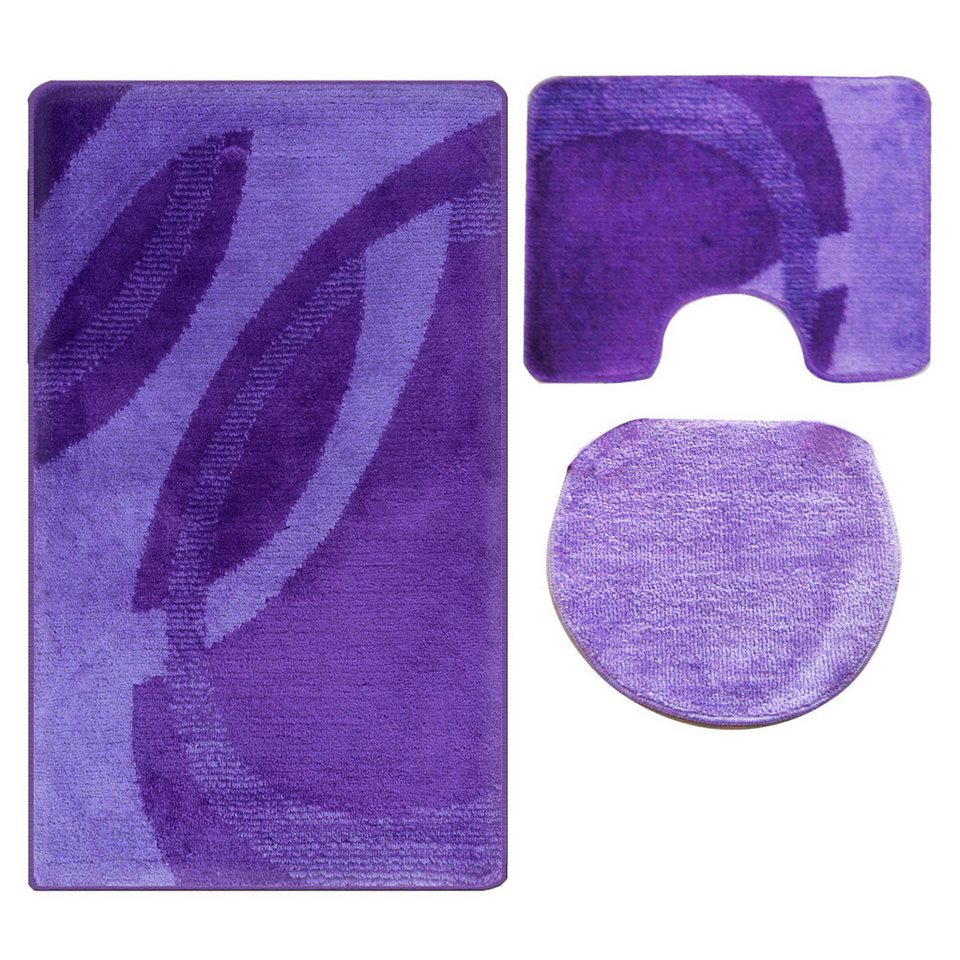 ROLFNERS Badematte 3 tlg Badematte Badezimmerteppich Badteppich Set Lila, Weicher Flor, Rutschfest, Schnell Trocknend, Fußbodenheizungsgeeignet, Polypropylen, Florhöhe ca. 15 mm, Waschbar bis max. 30°C Bild 2