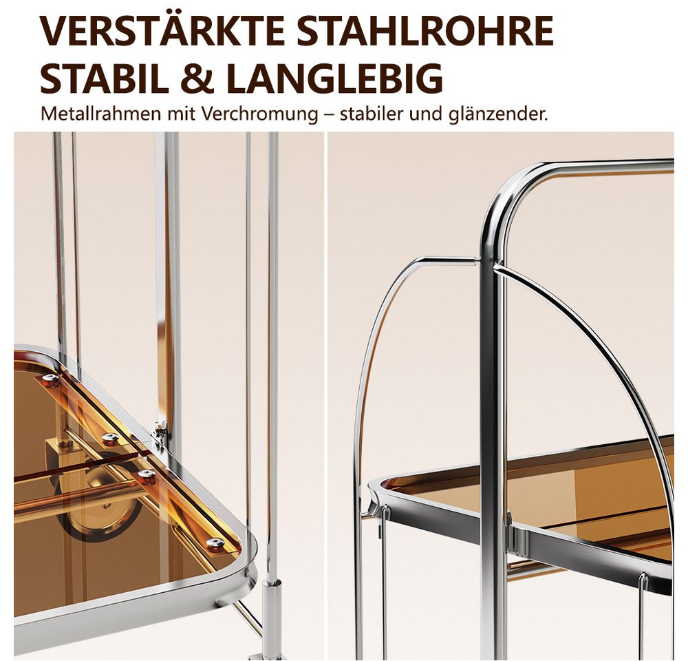 YMQHBS Küchenwagen Klappbarer Wagen (mit Bremse) mit 2 Hartglasböden,Servierwagen, Klappen Küchenwagen mit 4 Rollen, 68 x 40 x 80cm, für Küche Wohnzimmer
