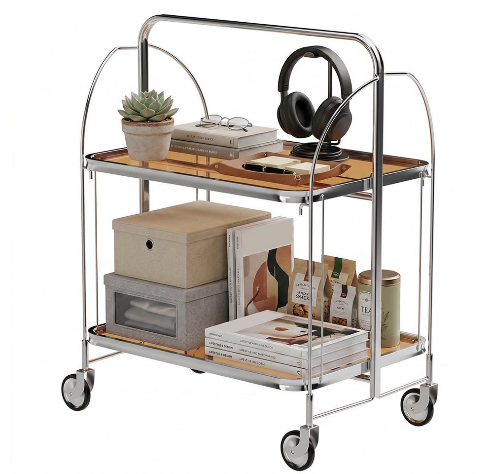 YMQHBS Küchenwagen Klappbarer Wagen (mit Bremse) mit 2 Hartglasböden,Servierwagen, Klappen Küchenwagen mit 4 Rollen, 68 x 40 x 80cm, für Küche Wohnzimmer Bild 2