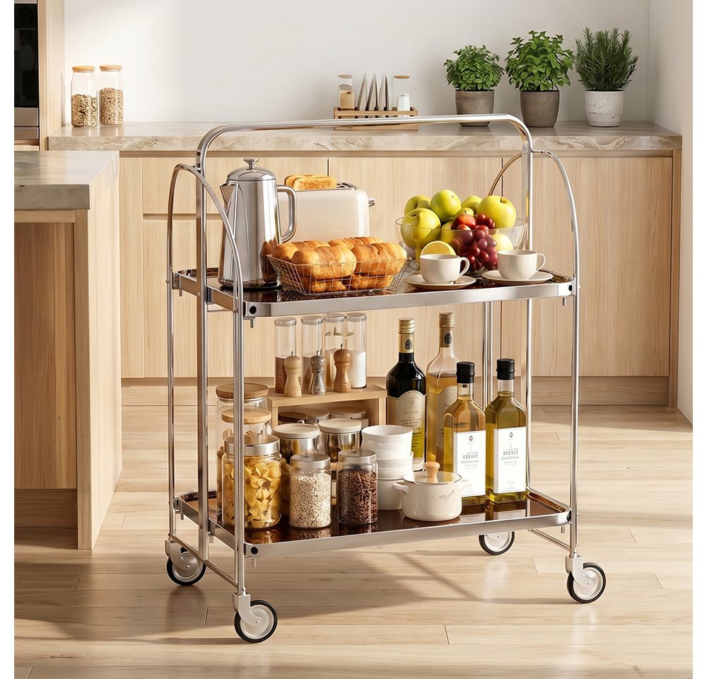 YMQHBS Küchenwagen Klappbarer Wagen (mit Bremse) mit 2 Hartglasböden,Servierwagen, Klappen Küchenwagen mit 4 Rollen, 68 x 40 x 80cm, für Küche Wohnzimmer Bild 3