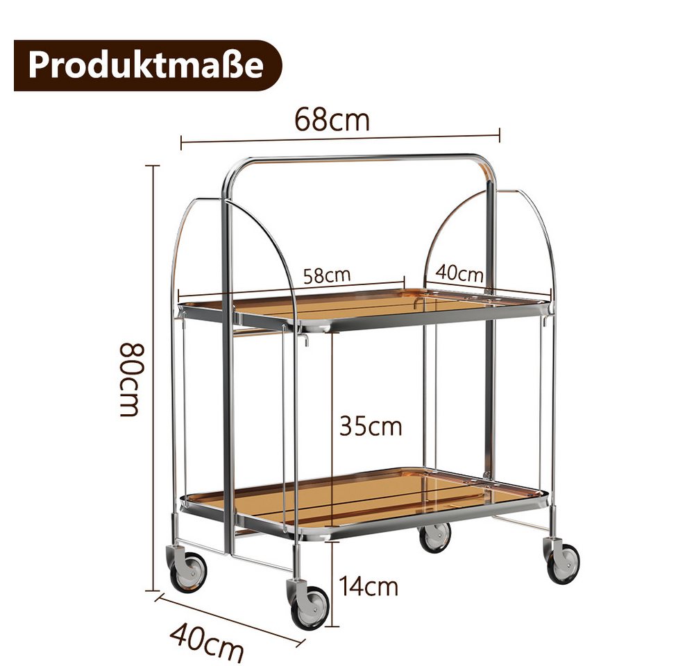 YMQHBS Küchenwagen Klappbarer Wagen (mit Bremse) mit 2 Hartglasböden,Servierwagen, Klappen Küchenwagen mit 4 Rollen, 68 x 40 x 80cm, für Küche Wohnzimmer Bild 4