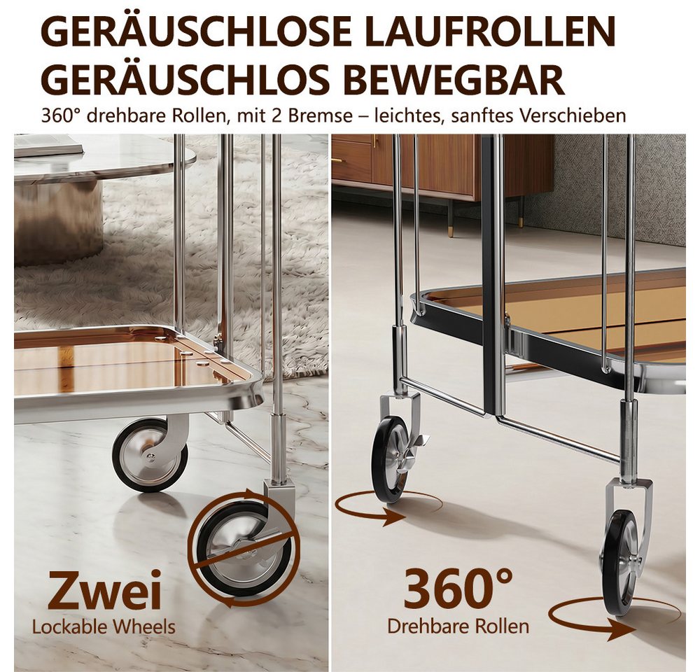 YMQHBS Küchenwagen Klappbarer Wagen (mit Bremse) mit 2 Hartglasböden,Servierwagen, Klappen Küchenwagen mit 4 Rollen, 68 x 40 x 80cm, für Küche Wohnzimmer Bild 5