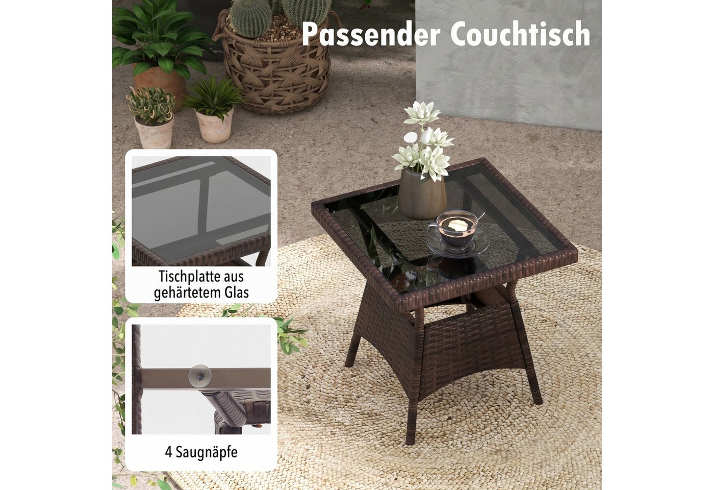 COSTWAY Schaukelstuhl, 2er Set, Balkonset mit 2 Stühlen und 1 Tisch Rattan