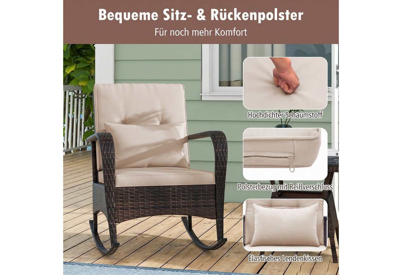 COSTWAY Schaukelstuhl, 2er Set, Balkonset mit 2 Stühlen und 1 Tisch Rattan Bild 2