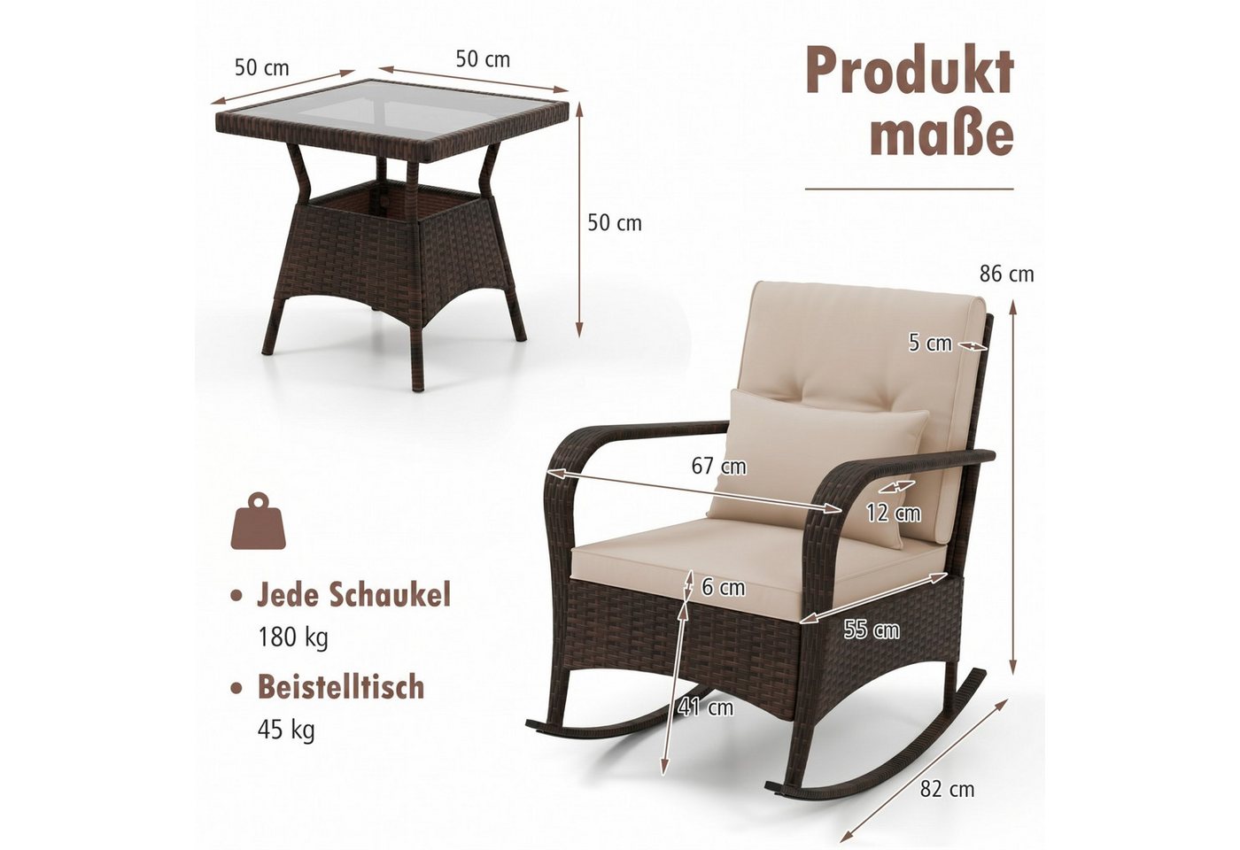 COSTWAY Schaukelstuhl, 2er Set, Balkonset mit 2 Stühlen und 1 Tisch Rattan Bild 4