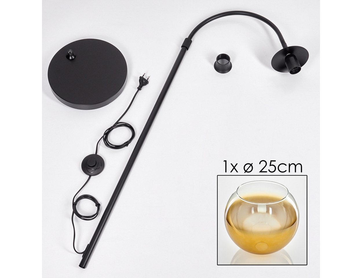 hofstein Bogenlampe Stehlampe aus Metall/Glas in Schwarz/Gold/Klar, ohne Leuchtmittel, moderne Retro Leuchte mit Glasschirmen (25 cm) u. Fußschalter, 1xE27