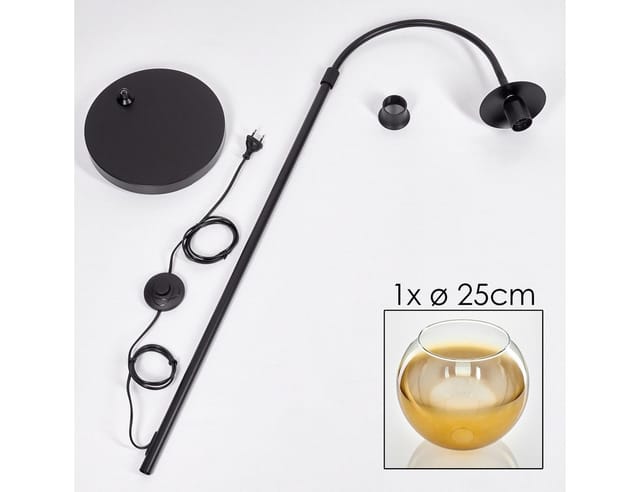 hofstein Bogenlampe Stehlampe aus Metall/Glas in Schwarz/Gold/Klar, ohne Leuchtmittel, moderne Retro Leuchte mit Glasschirmen (25 cm) u. Fußschalter, 1xE27
