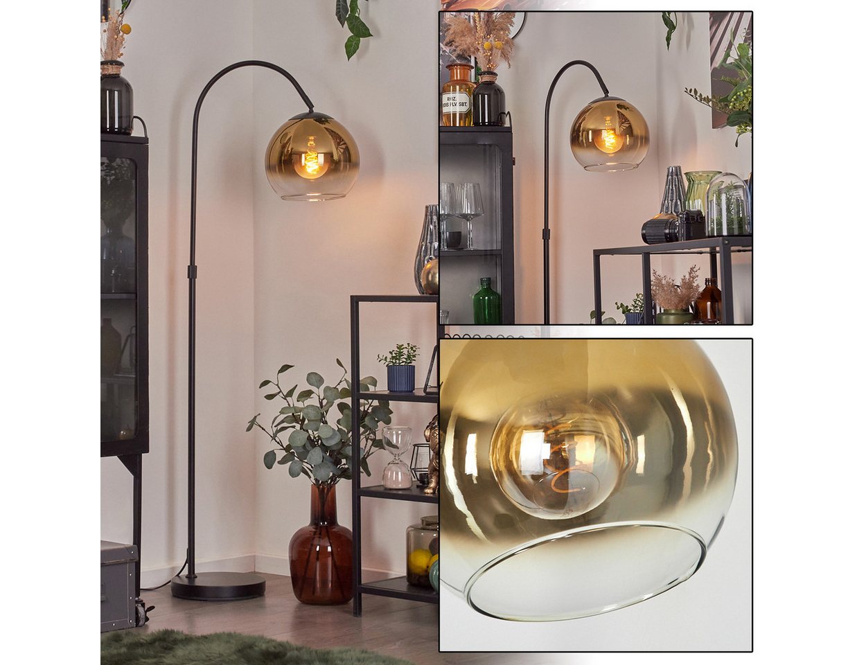 hofstein Bogenlampe Stehlampe aus Metall/Glas in Schwarz/Gold/Klar, ohne Leuchtmittel, moderne Retro Leuchte mit Glasschirmen (25 cm) u. Fußschalter, 1xE27 Bild 4