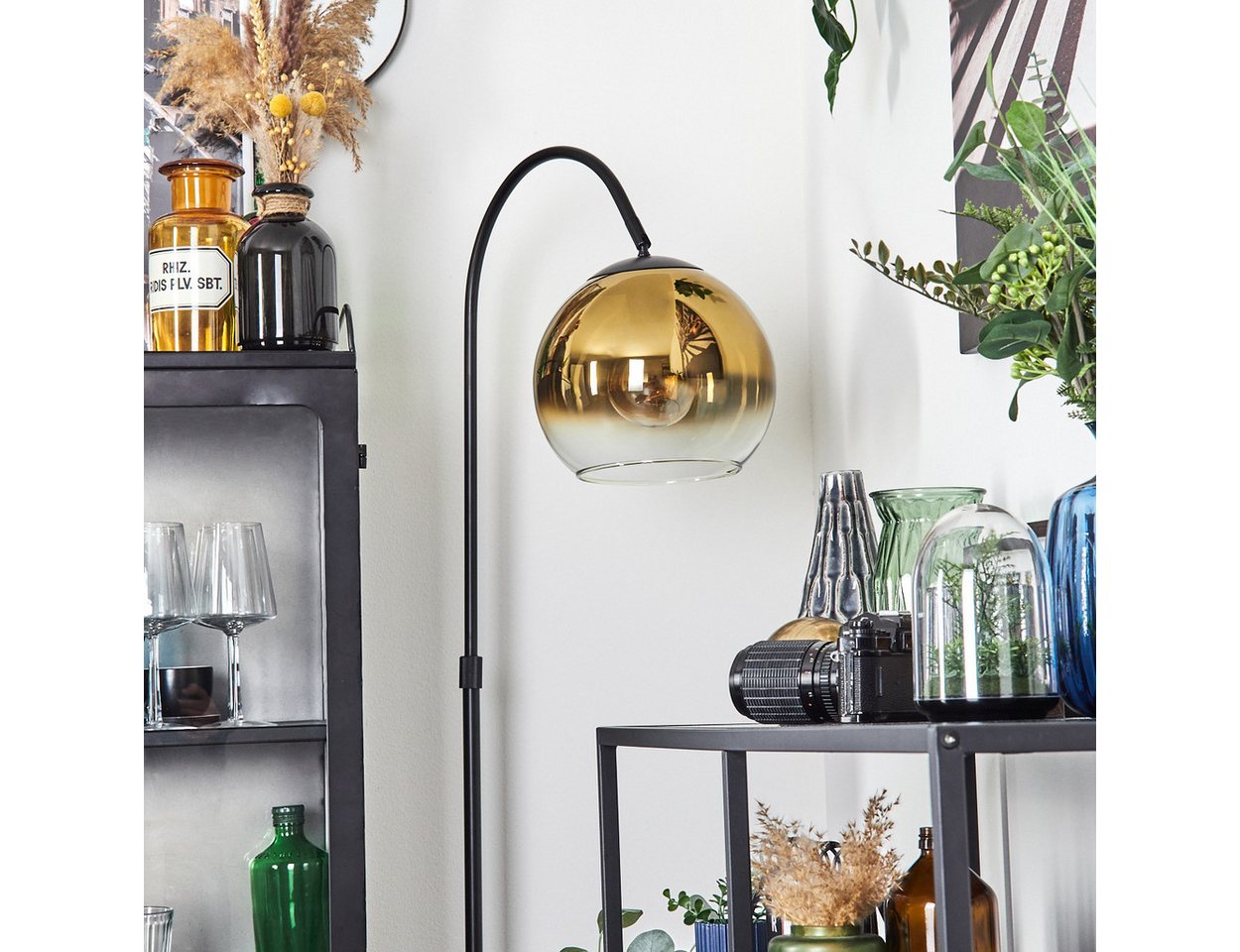 hofstein Bogenlampe Stehlampe aus Metall/Glas in Schwarz/Gold/Klar, ohne Leuchtmittel, moderne Retro Leuchte mit Glasschirmen (25 cm) u. Fußschalter, 1xE27 Bild 5