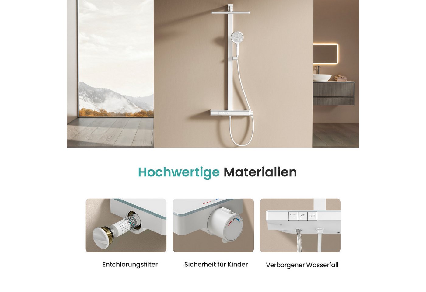 EMKE Duschsystem DuschsäuleSet mit 40cm Thermostat Ablage Regendusche und Kopfbrause, Höhe 110 cm, 4 Strahlart(en), mit Brausegarnitur und Kopfbrause, 36cmx24cm Kopfbraus Bild 4