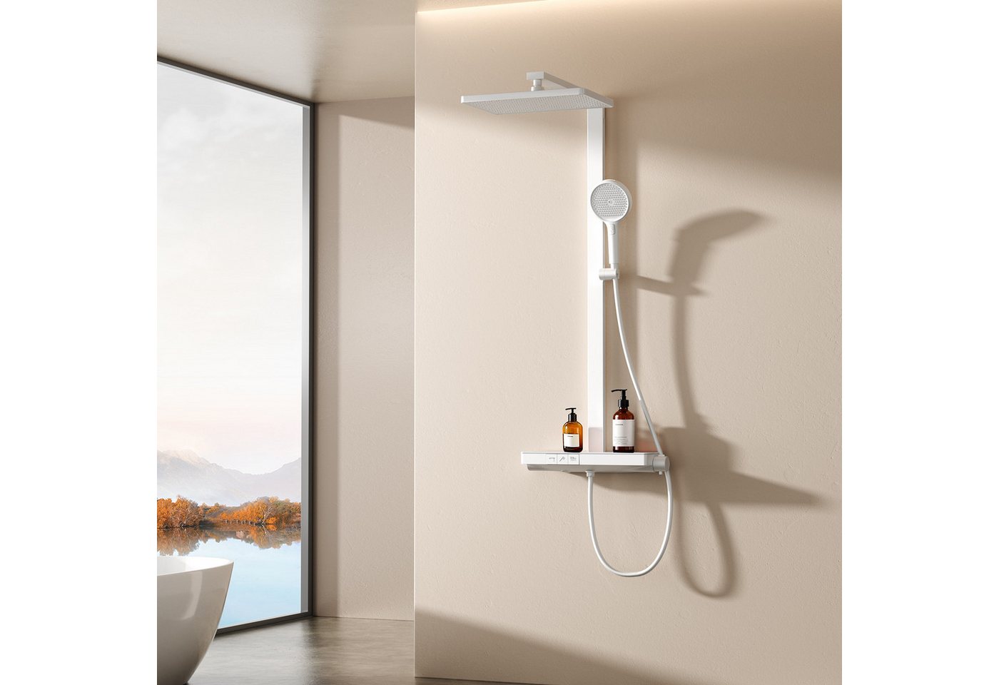 EMKE Duschsystem DuschsäuleSet mit 40cm Thermostat Ablage Regendusche und Kopfbrause, Höhe 110 cm, 4 Strahlart(en), mit Brausegarnitur und Kopfbrause, 36cmx24cm Kopfbraus Bild 5