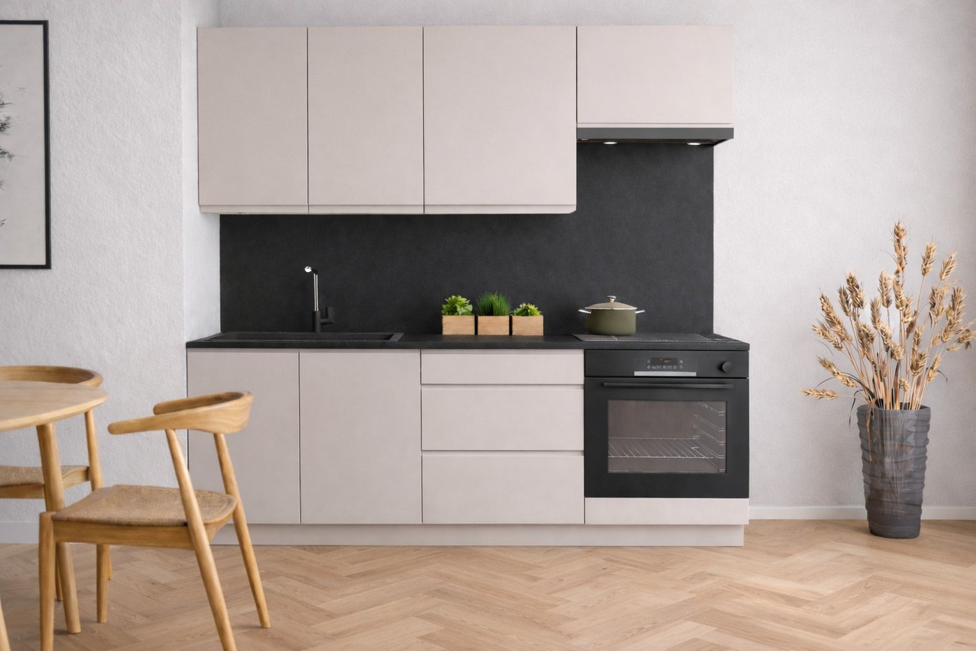 Möbel für Dich Küchenzeile Moderne Grifflose Einbauküche VELO 200 cm, 6-teilig, mit SoftClose, Fronten aus 19 mm Acrylplatte, Korpusstärke 18 mm