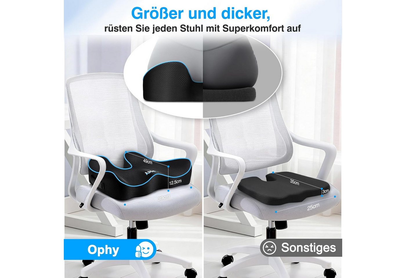 POPOLIC Sitzkissen Memory-Foam Sitzkissen, U-förmiges Premium-Kissen, Waschbarem Bezug, für Bürostuhl, Gaming-Stuhl, Autositz – Weicher Komfort, Rutschfestem