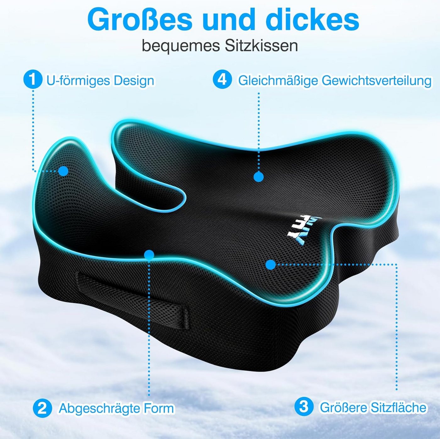 POPOLIC Sitzkissen Memory-Foam Sitzkissen, U-förmiges Premium-Kissen, Waschbarem Bezug, für Bürostuhl, Gaming-Stuhl, Autositz – Weicher Komfort, Rutschfestem Bild 4