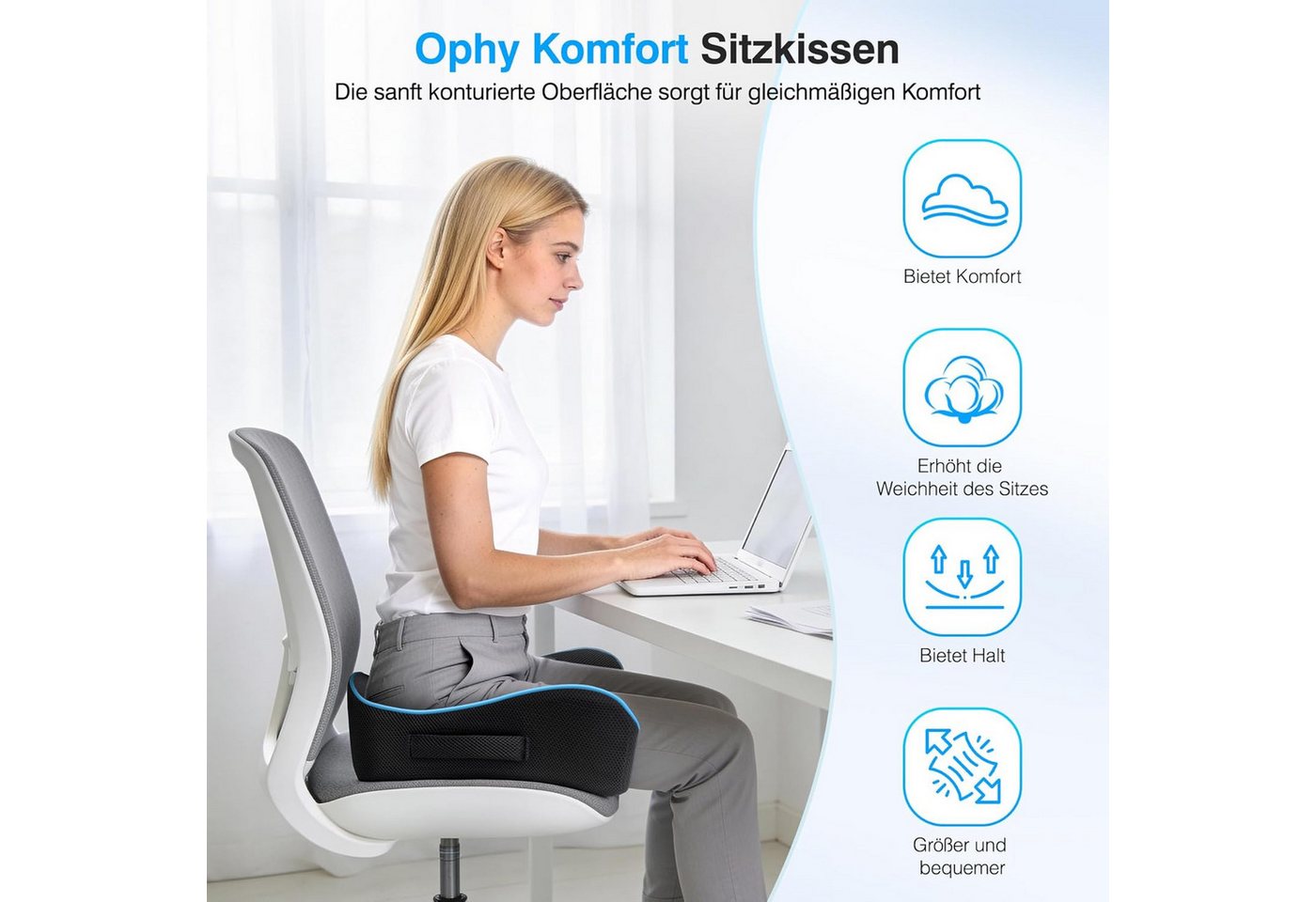 POPOLIC Sitzkissen Memory-Foam Sitzkissen, U-förmiges Premium-Kissen, Waschbarem Bezug, für Bürostuhl, Gaming-Stuhl, Autositz – Weicher Komfort, Rutschfestem Bild 5