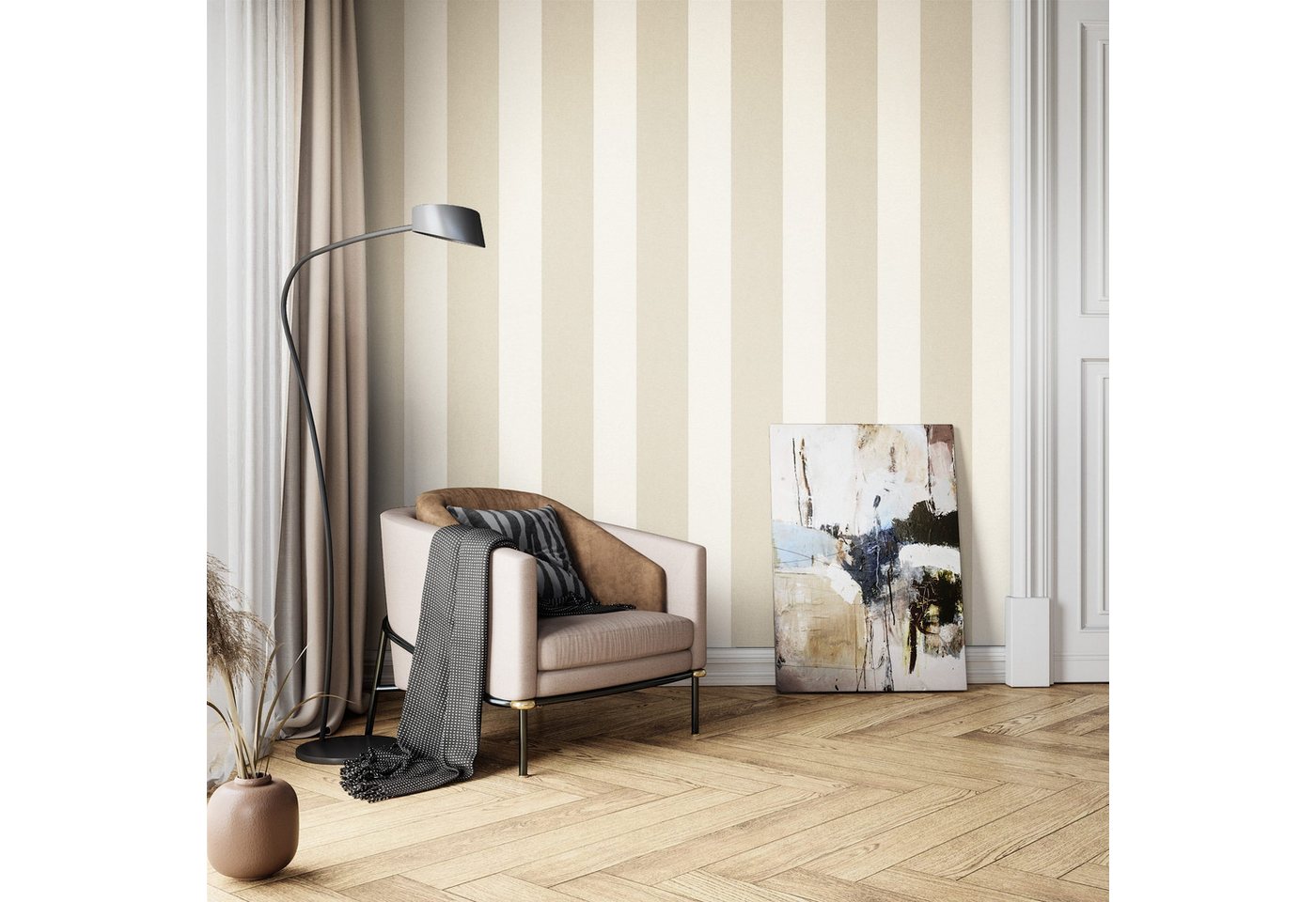 Newroom Vliestapete Fadia Beige Tapete Streifentapete Streifen,Linien,Textil, Beige Tapete Streifen Streifen - Streifentapete Streifenmuster Taupe Creme Landhaus Klassisch Linien Textil für Wohnzimmer Schlafzimmer Küche, Streifenmuster