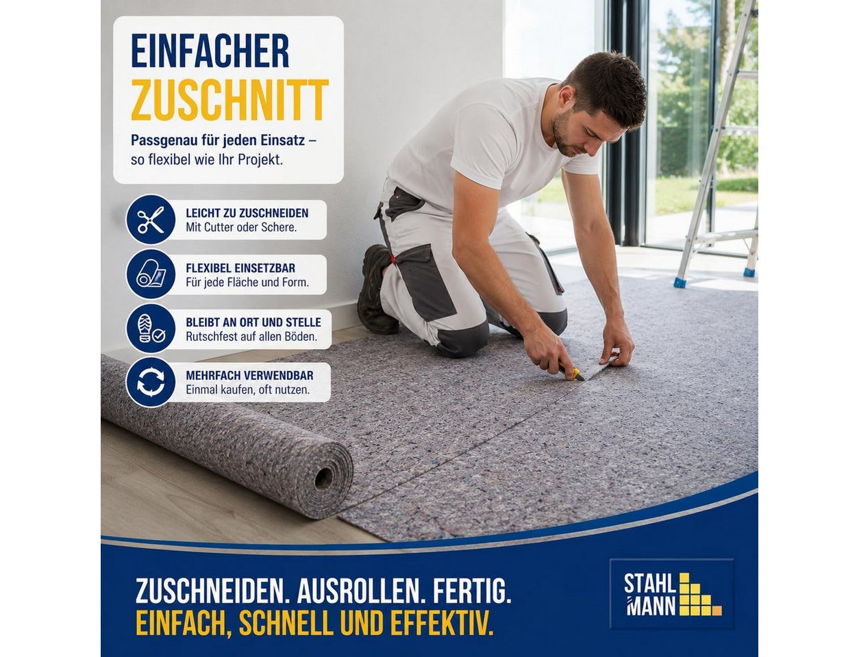 STAHLMANN COMMERCE GmbH Malervlies Malervlies 50 m x 1 m [180 g/m²] Abdeckvlies saugstark reißfest, 50 m² · 180 g/m² · Saugstark · Reißfest · PE-Rücken Bild 2