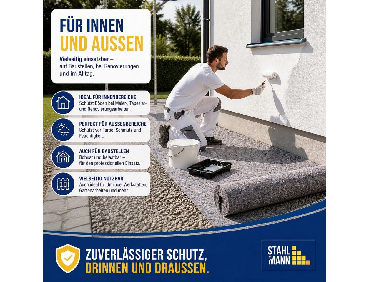 STAHLMANN COMMERCE GmbH Malervlies Malervlies 50 m x 1 m [180 g/m²] Abdeckvlies saugstark reißfest, 50 m² · 180 g/m² · Saugstark · Reißfest · PE-Rücken Bild 3