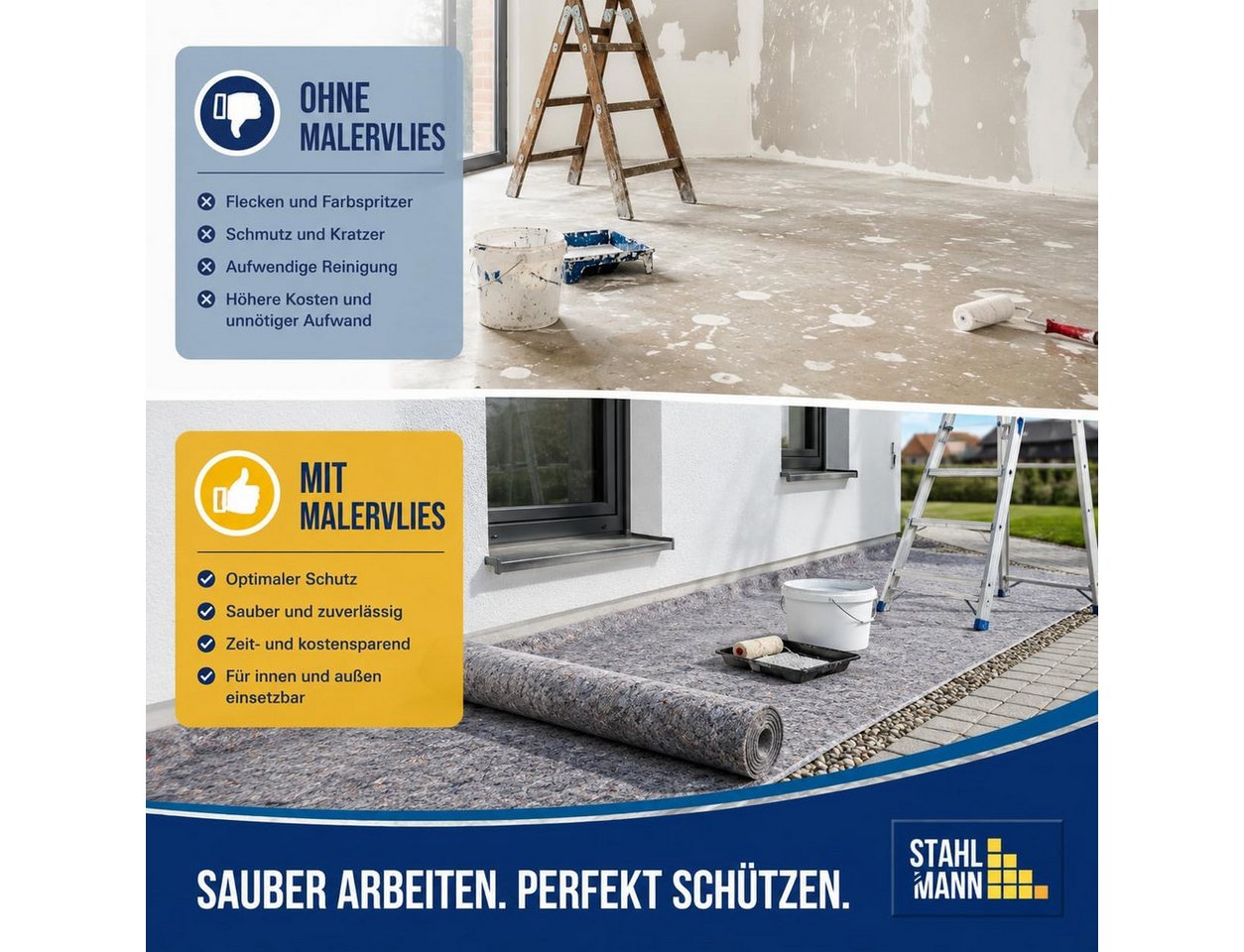 STAHLMANN COMMERCE GmbH Malervlies Malervlies 50 m x 1 m [180 g/m²] Abdeckvlies saugstark reißfest, 50 m² · 180 g/m² · Saugstark · Reißfest · PE-Rücken Bild 4