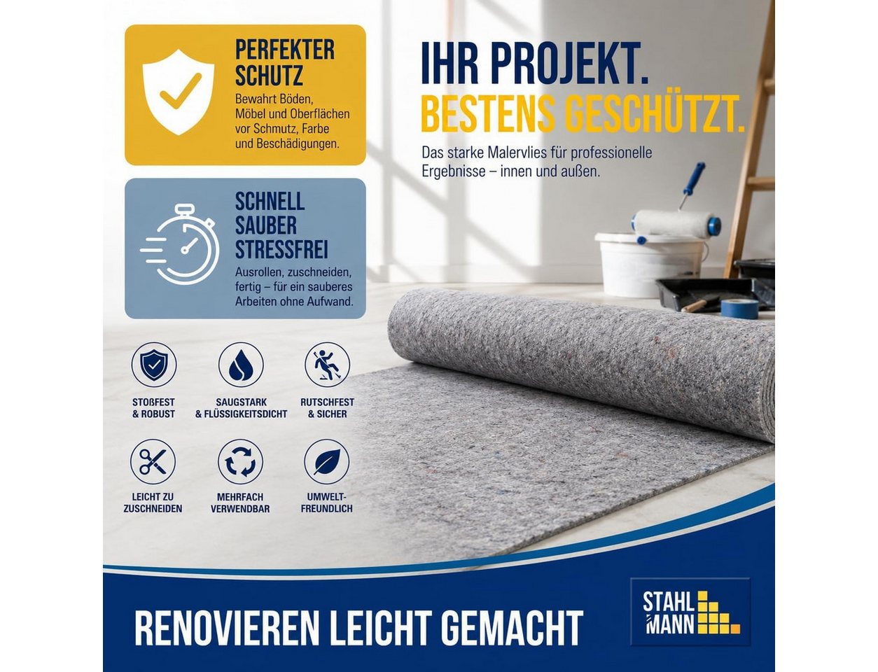 STAHLMANN COMMERCE GmbH Malervlies Malervlies 50 m x 1 m [180 g/m²] Abdeckvlies saugstark reißfest, 50 m² · 180 g/m² · Saugstark · Reißfest · PE-Rücken Bild 5