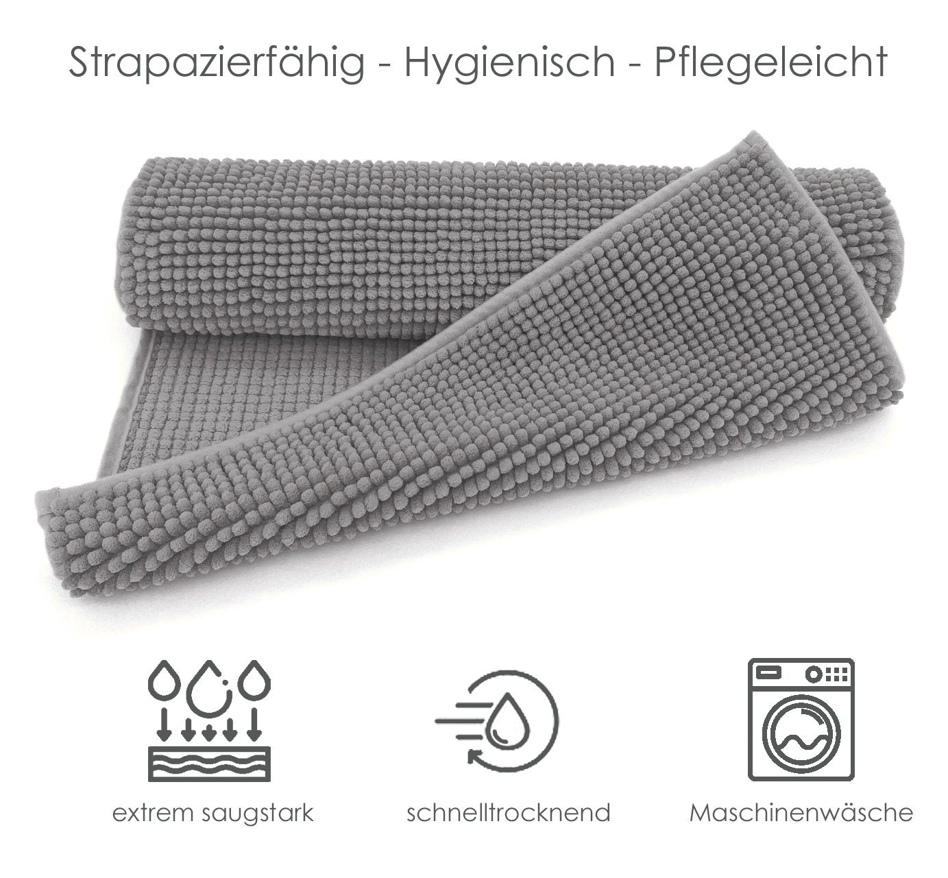heimtexland Badematte Badvorleger Chenille Badteppich Duschvorleger, rutschhemmend beschichtet, umlaufendes Gummiband, schnell trocknend, strapazierfähig, rutschfest, Polyester, rechteckig, WC-Bezug 38x48 cm, Hochflor, super weich, Maschinenwäsche, pflegeleicht Bild 3